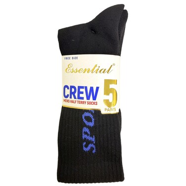 Essential Men Half Terry Crew Socks, Black, Free Size, Pack of 5