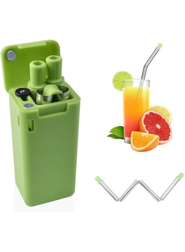 AMERTEER Collapsible Stainless Steel Straws - Reusable Metal Drinking Straws with Case &amp; Cleaning Brush, Portable Travel Straws Reusable with Silicone Tips for Outdoor &amp; Cruise (Green)