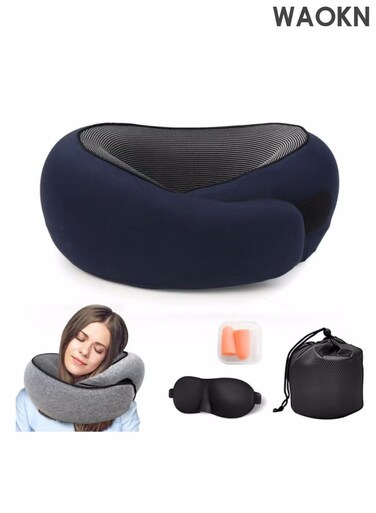 Airplane travel pillow, travel neck pillow, adult memory cotton travel neck pillow, adjustable flight pillow, ergonomic neck pad, high-quality U-shaped memory cotton pillow that can be stored, with earplugs, eye mask, and handbag (navy blue).