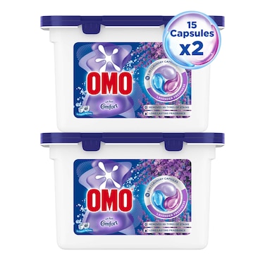 أومو كبسولات منظف الغسيل 3 في 1 برائحة اللافندر 225 غرام 15 كبسولة حزمة من قطعتين