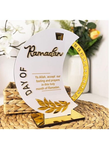 Rness Ramadan Calendar Rotary Date Design, Eid Home Decorations Moon-Shaped Acrylic 30-Day Countdown for Office &amp; Table, DIY Gift &zwnj;s (White)