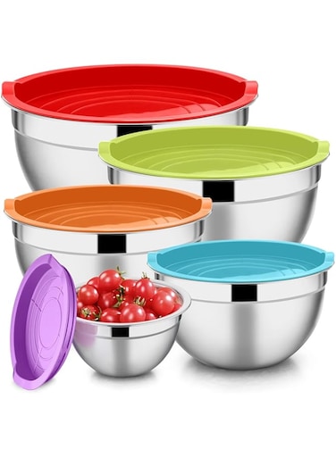 E-far Mixing Bowls with Lids Set of 5, Stainless Steel Mixing Bowls Metal Nesting Bowls, Airtight Lids &amp; Scale Marks, Healthy &amp; Easy Clean, Great for Cooking, Baking, Serving - Size 1.5/2/3/4/5 QT