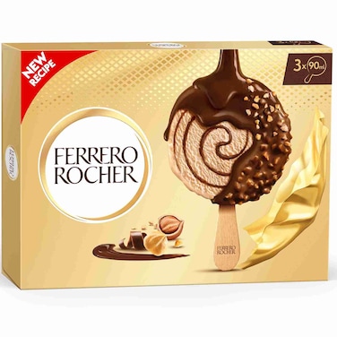 Ferrero Rocher Classic Ice Cream, Crunchy Chocolate &amp; Hazelnut Coating, Multipack, 3 Sticks, 270ml