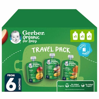 Gerber Organic Fruity Assorted Travel Pack Baby Food, 90g, Pack of 15