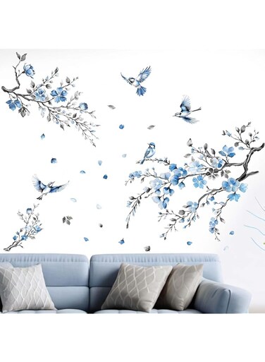 Cherry Blossom Wall Stickers for Bedroom: Peel and Stick Flower Bird Blue Floral Tree Branch Wall Decals - Living Room Office Bathroom