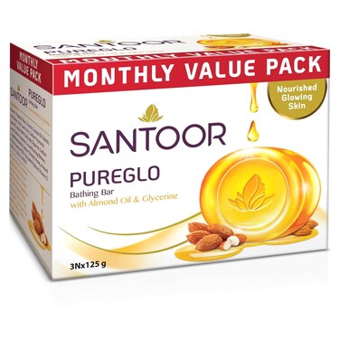 Santoor Pureglo Bathing Bar with Almond Oil and Glycerine, 125g, Pack of 3