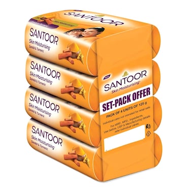 Santoor Skin Moisturising Soap Sandal and Turmeric, 125g, Pack of 4