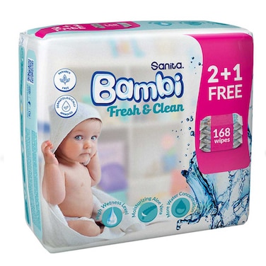 Bambi Fresh &amp; Clean Baby Wipes Family Pack, 56 Sheets x 2 + 1