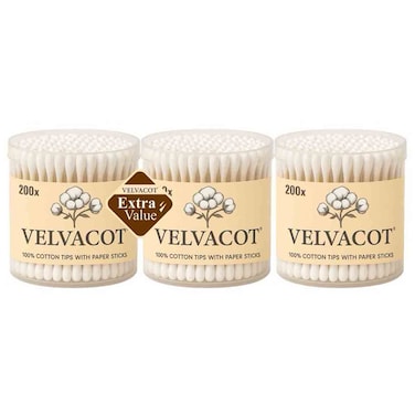 Velvacot Cotton Buds with Paper Stems, 200 PCS, Pack of 3
