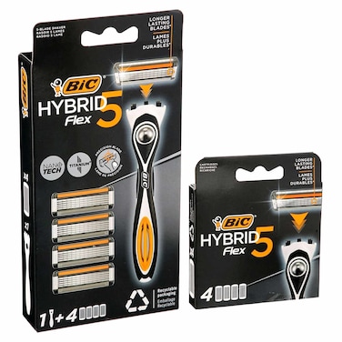 BIC Hybrid Flex 5 Razor with Handle Plus Pack of 4 Cartridges and Pack of 4 Additional Cartridges