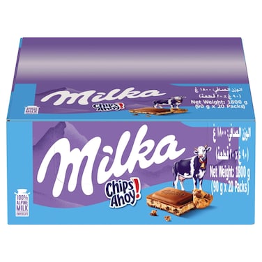 Milka Chips Ahoy Alpine Milk Chocolate with Cookie Pieces, 90g, Pack of 20