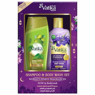 Vatika Naturals Nourish and Protect Shampoo 400ml and Uplifting Black Iris Body Wash 250ml, Pack of 2