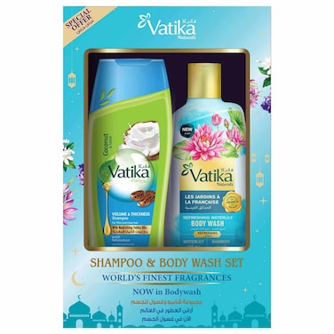 Vatika Naturals Volume and Thickness Shampoo 400ml and Refreshing Waterlily Body Wash 250ml, Pack of 2