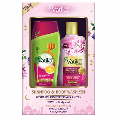 Vatika Naturals Repair and Restore Shampoo 400ml and Romantic Sakura Body Wash 250ml, Pack of 2