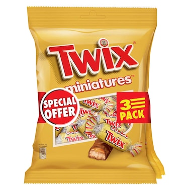 Twix Miniatures Milk Chocolate Covered Caramel and Biscuit Chocolate Bars, 150g, Pack of 3