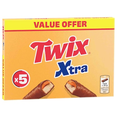 Twix Xtra Milk Chocolate Covered Caramel and Biscuit Bars, 72g, Pack of 5