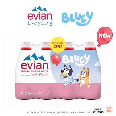 Evian Bluey Natural Mineral Water, 330ml, Pack of 12