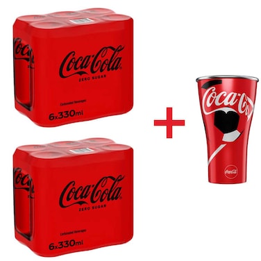 Coca-Cola Zero Sugar Carbonated Soft Drink with Free Aluminum Cup, 330ml, Pack of 12