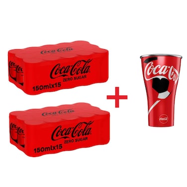 Coca-Cola Zero Sugar Carbonated Soft Drink with Free Aluminum Cup, 150ml, Pack of 30