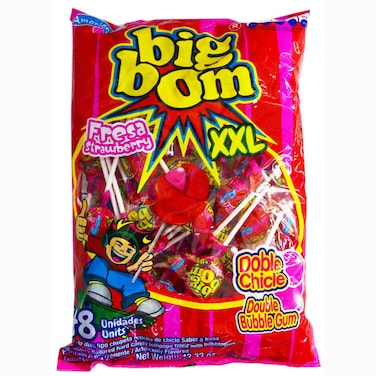 Big Bom XXL Strawberry Bubble Gum Filled Lollipops, 25g, Pack of 48