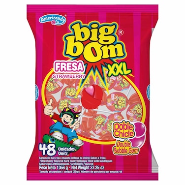 Americandy Big Bom XXL Strawberry Bubble Gum Filled Lollipops, 1056g