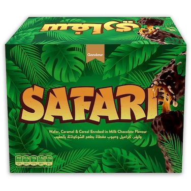 Gandour Safari Wafer, Caramel and Cereal Bar Milk Chocolate Flavour, 50g, Pack of 24