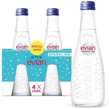 Evian Sparkling Natural Mineral Water, 330ml Glass Bottle, Pack of 4
