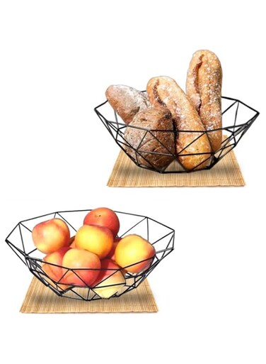 FabGood 2 Pcs Metal Fruit Bowl, Fruit, Vegetables, Bread, Snacks Storage Basket, Large Black Decorative Table Piece Holder For Living Room, Kitchen, Panty, Office.