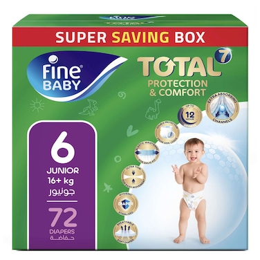 Fine Baby Total 7 Protection and Comfort Baby Diapers Size 6, 16kg+, 72 Diapers