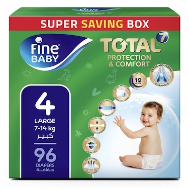 Fine Baby Total 7 Protection and Comfort Baby Diapers Size 4, 7-14kg, 96 Diapers