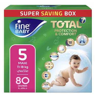 Fine Baby Total 7 Protection and Comfort Baby Diapers Size 5, 11-18kg, 80 Diapers