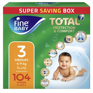 Fine Baby Total 7 Protection and Comfort Baby Diapers Size 3, 4-9kg, 104 Diapers