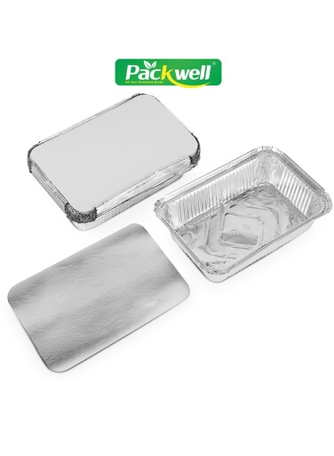 Packwell Aluminum Container with Lid 890 ML - PWRP1942  10 Pieces Containers, Premium-Quality, BPA-Free, Food grade and Hygienic  Perfect for Catering, Packing, Storing, Etc Silver
