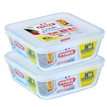 Pyrex Cook and Freeze Square Glass Dish 0.8L, Pack of 2