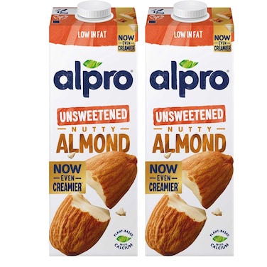 Alpro Unsweetened Nutty Almond Plant-Based Drink, 1L Pack of 2