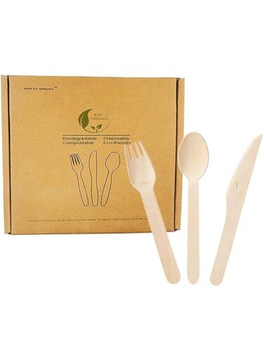 YiYi 200pcs Wooden Disposable Cutlery Wood Set, Eco Friendly 50 Knives 100 Forks 50 Spoons Flatware kit, 6 Inch Wood Utensils Mixed Cutlery Set Pack of 200