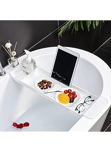 Lomeshow Bathtub Tray Expandable Bath Caddy Storage Rack Multifunctional Bathtub Tub Organizer for Deposit Wash Supplies,Book,Wine,Phone,Bathroom,Shower (White)