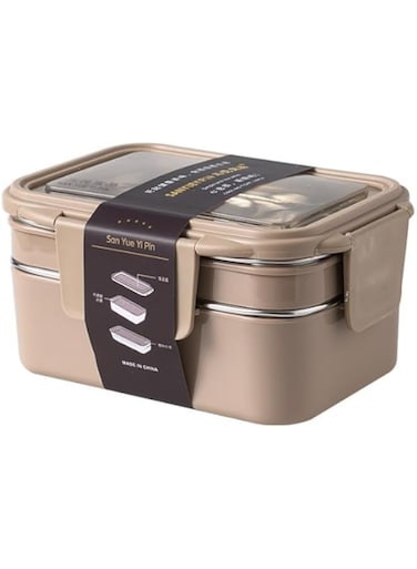 Bento Box, Stainless Steel Double Layer Lunch Box, Leakproof Lunchbox, Food Storage Box, Stainless Steel Lunch Box, Leakproof Bento Box for Adults Kids Men Women Teens 1000ML (Brown)