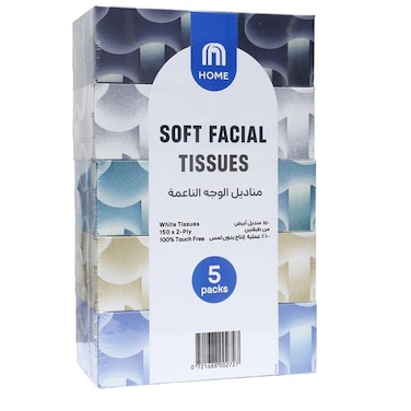 MHome Soft Facial Tissues 2-Ply, 150 Sheets, Pack of 5