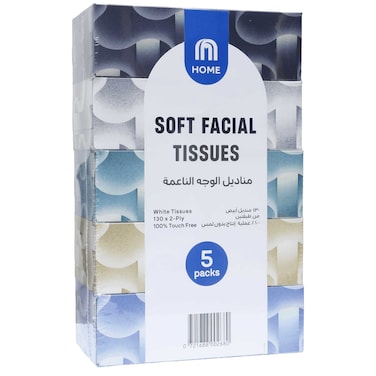 MHome Soft Facial Tissues 2-Ply, 130 Sheets, Pack of 5
