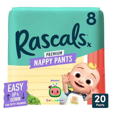 Rascals Cocomelon Premium Nappy Pants, Size  8 (19+ kg), 20 Count - Ultra Flex 360 Waistband
