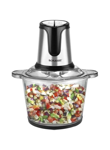 Sonashi Multi-Chopper with Powerful Motor and Max Capacity 3L   Chopper with Mincer Grinder Function &amp; Glass Bowl   Stainless Steel Blade Set for Effective Chopping 3 L 500 W SMC-23G Black/Silver
