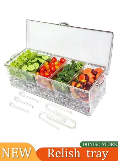 Seasoning box, multifunctional plastic spice rack, five compartment separable spice container with three clips and three spoons, suitable for spices, salt, sugar, fruits, 40.7x15.8x11cm