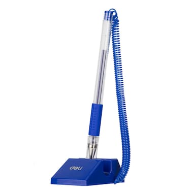 Deli Desk Pen with Stand, 0.5mm Fine Tip, Blue Ink, Soft Grip, Model E6791, Blue, 1 Piece