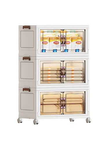 Three-Tier Foldable Plastic Storage Cabinet with Wheels &acirc;&euro;&ldquo; PP Organizer with Transparent Magnetic Doors, Stackable and Space-Saving Design for Kitchen, Bedroom, or Living Room, 55 &Atilde;&mdash; 35 &Atilde;&mdash; 93 cm