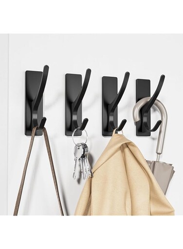 4 Pack Stick on Hooks for Hanging, Extra Sticky 6KG (Max), Coat Hook on Door for Towel Coat Hat Key, Metal Stainless Heavy Duty, Self Adhesive Hangers Wall Mounted for Bathroom Shower Kitchen, White