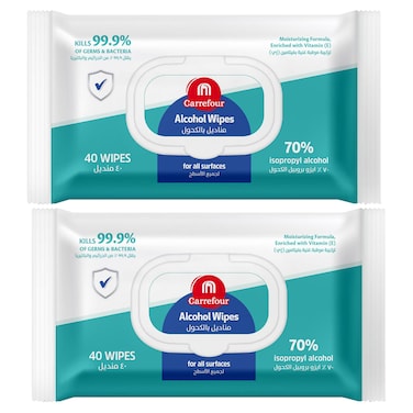 Carrefour Alcohol Surface Wipes, 40 Wipes, Pack of 2