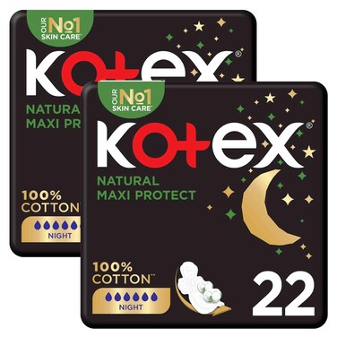 Kotex Maxi Thick Night Natural Sanitary Pads with Wings, 22 Pads, Pack of 2