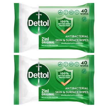 Dettol Antibacterial Cleaning Wipes, 40 Wipes, Pack of 2