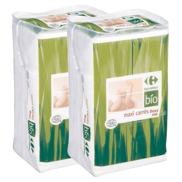 Carrefour Bio Baby Maxi Soft Cotton Squares, 60 PCS, Pack of 2